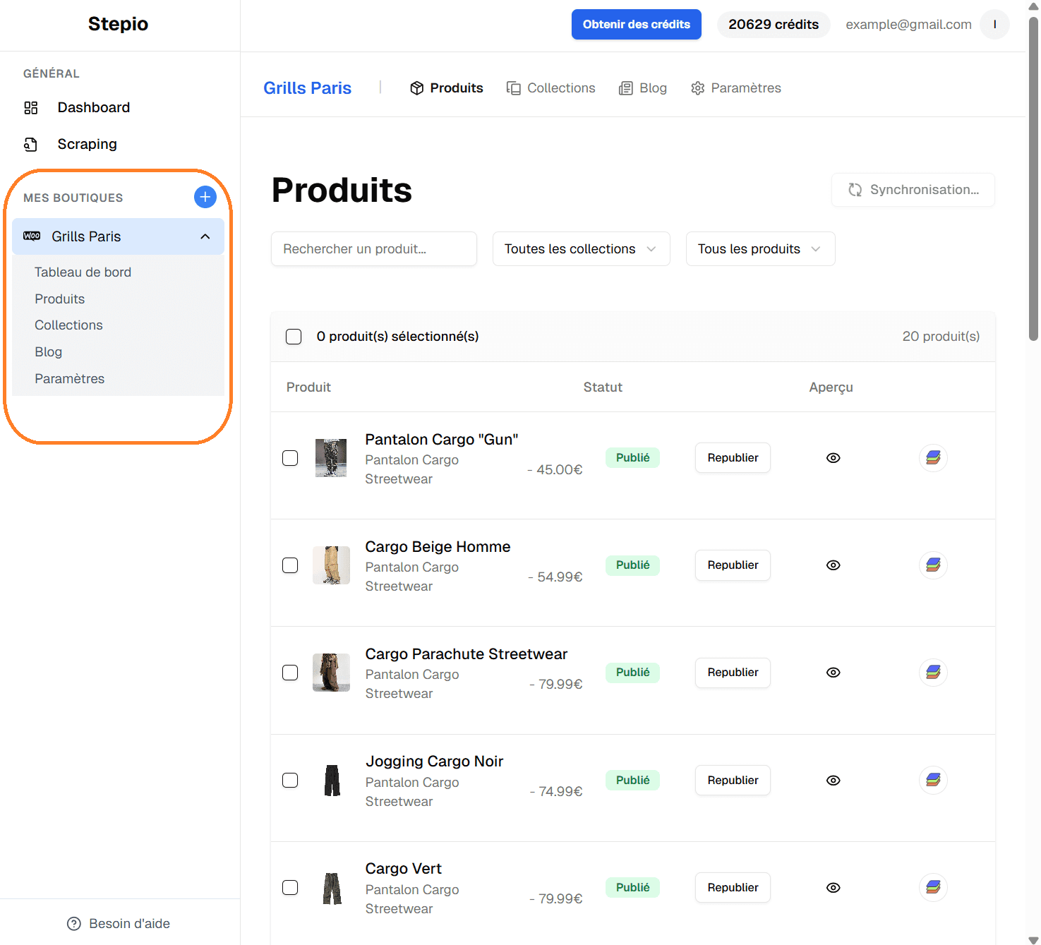 Tableau de bord Shopigo : liste des produits générés